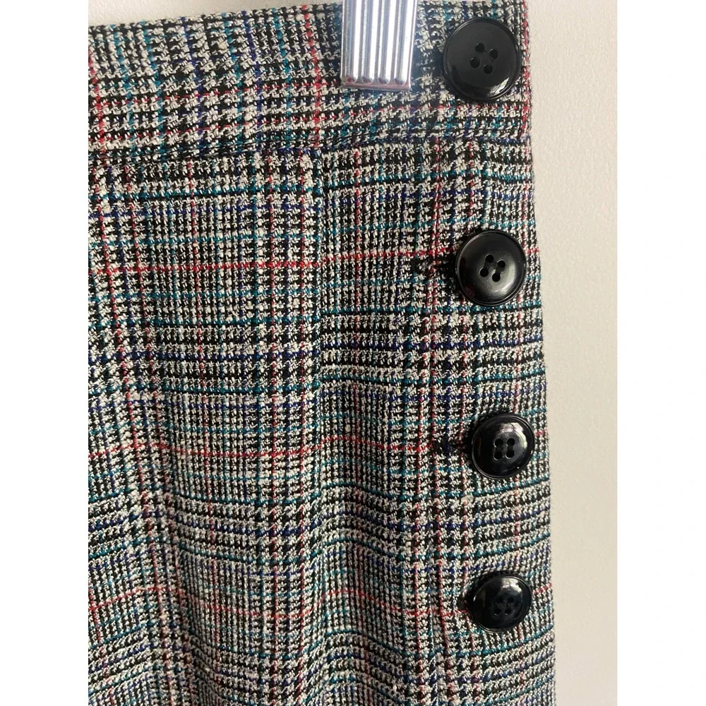 Robinsons Petites Vintage Plaid Pleated Midi Skirt Side Button Gray Silk Blend